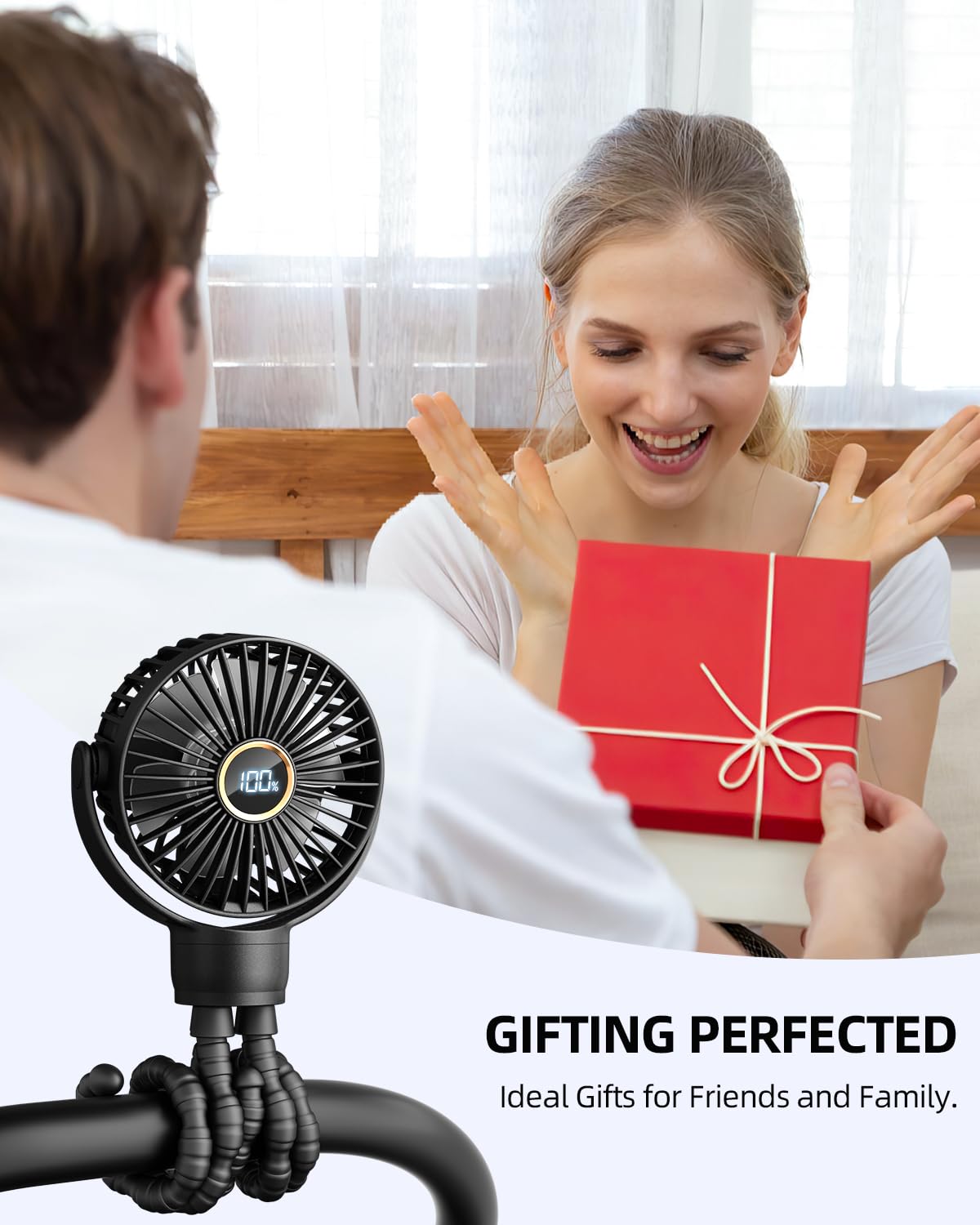 Portable Stroller Mini Fan, Small Rechargeable Personal Cooler w/ 360° Rotation, 3-Speed, Display, Battery Powered Stroller Accessories, Baby Essentials for Car Seat, Crib, Bike, Treadmill, Black