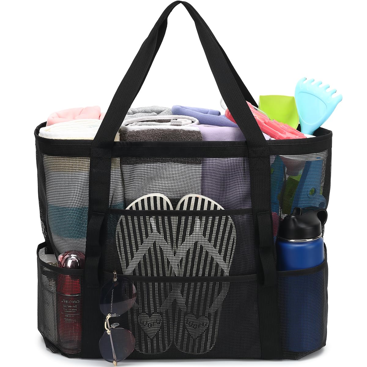 Fammart Mesh Beach Bag, Large Beach Tote with Zipper Pocket for Family Pool Bag for Toys & Vacation Essentials