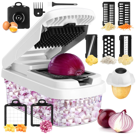 Professional 12-in-1 Vegetable Chopper with 7 Stainless Steel Blades - Multifunctional Food Chopper for Dicing/Slicing Carrots, Potatoes, Onions, Garlic - Heavy Duty, BPA Free Kitchen Gadget (White)