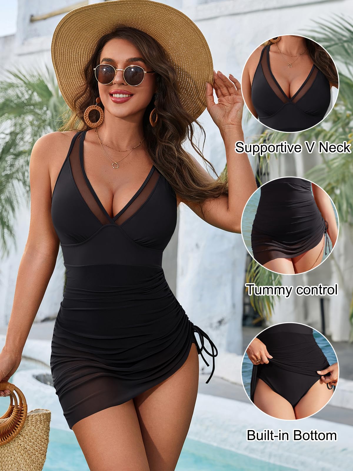 Blooming Jelly Women One Piece Swim Dress Tummy Control Swimsuits Modest Mesh Sheer V Neck Swimdress (M, Black)