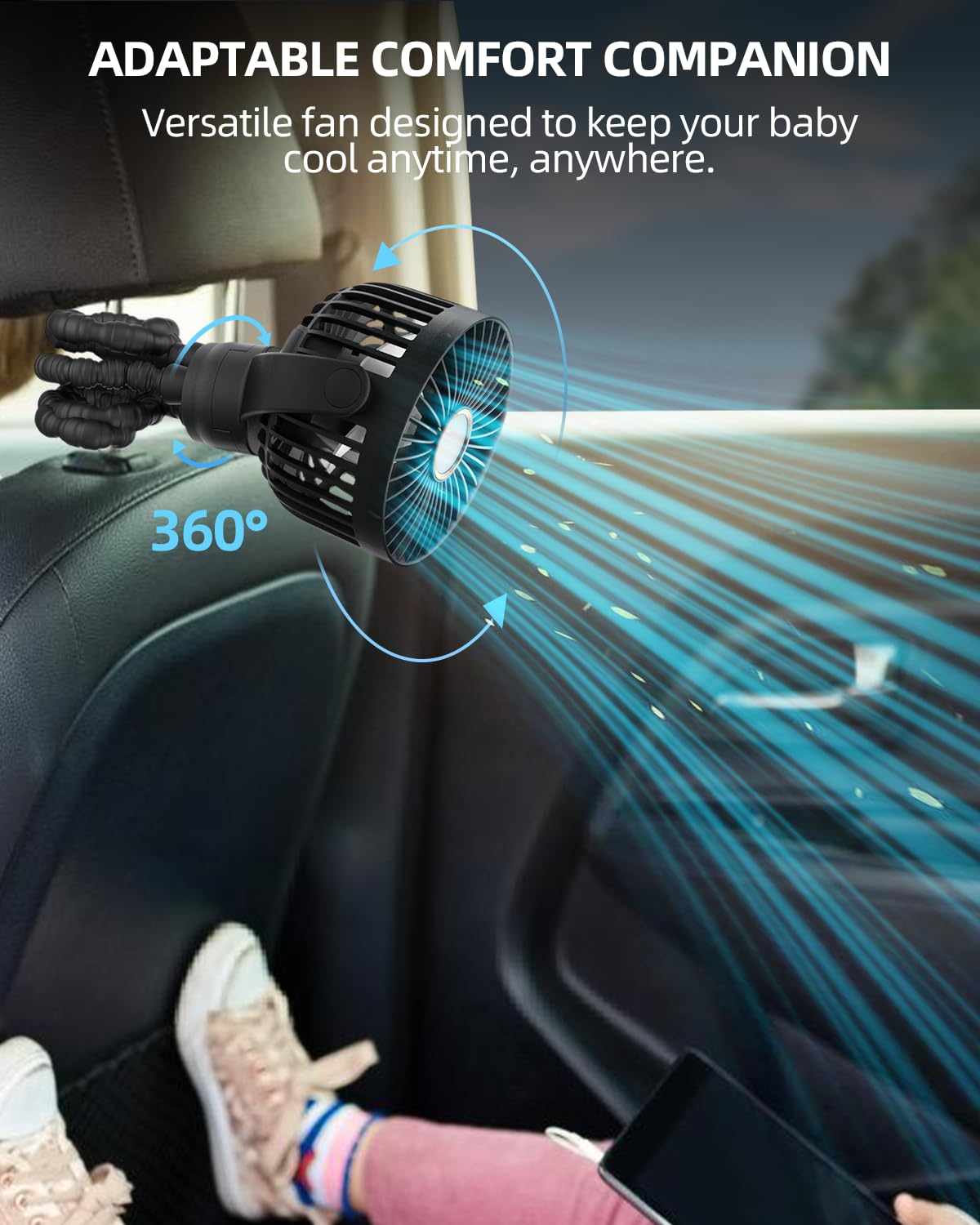 Portable Stroller Mini Fan, Small Rechargeable Personal Cooler w/ 360° Rotation, 3-Speed, Display, Battery Powered Stroller Accessories, Baby Essentials for Car Seat, Crib, Bike, Treadmill, Black