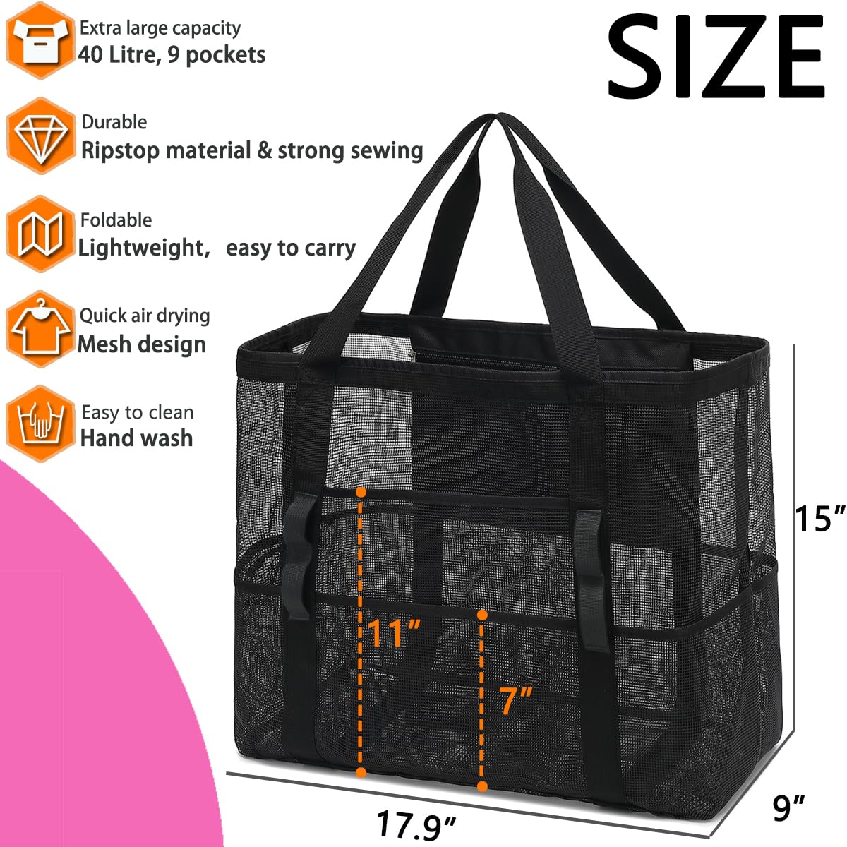 Fammart Mesh Beach Bag, Large Beach Tote with Zipper Pocket for Family Pool Bag for Toys & Vacation Essentials