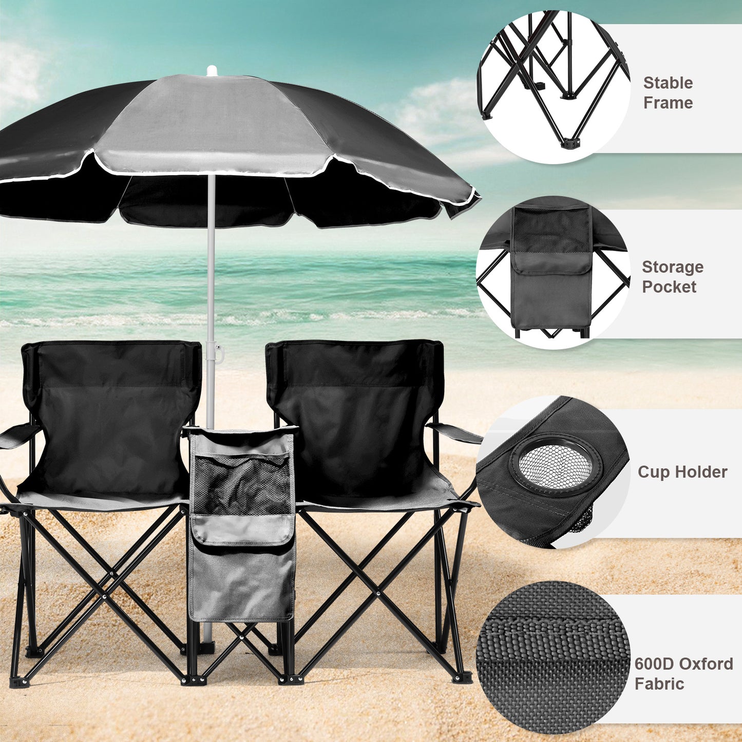 Black Fishing Chair Iron Bracket Oxford Cloth 85kg With Sunshade