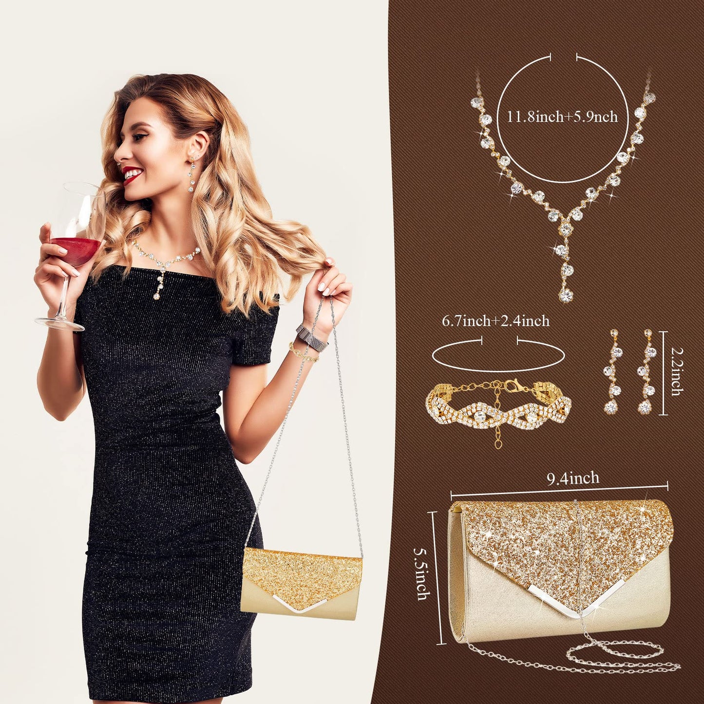 Henoyso 5 Pcs Purse Rhinestone Jewelry Set Prom Jewelry Rhinestone Clutch Purse Necklace Earrings Bracelets for Women Bride(Gold)