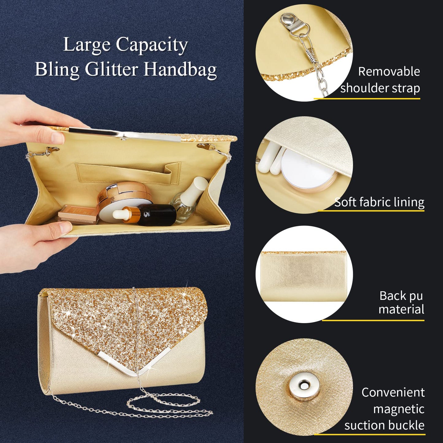 Henoyso 5 Pcs Purse Rhinestone Jewelry Set Prom Jewelry Rhinestone Clutch Purse Necklace Earrings Bracelets for Women Bride(Gold)