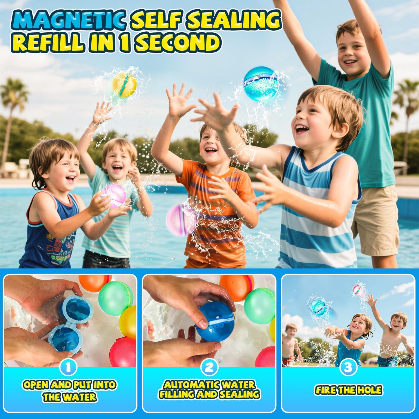 【12 Pack】Magnetic Reusable Water Balloons Fast Refillable for Kids Outdoor Activities, latex-free Kids Pool Beach Bath Toys, Self-Sealing Water Bomb Quick Fill for Summer Games