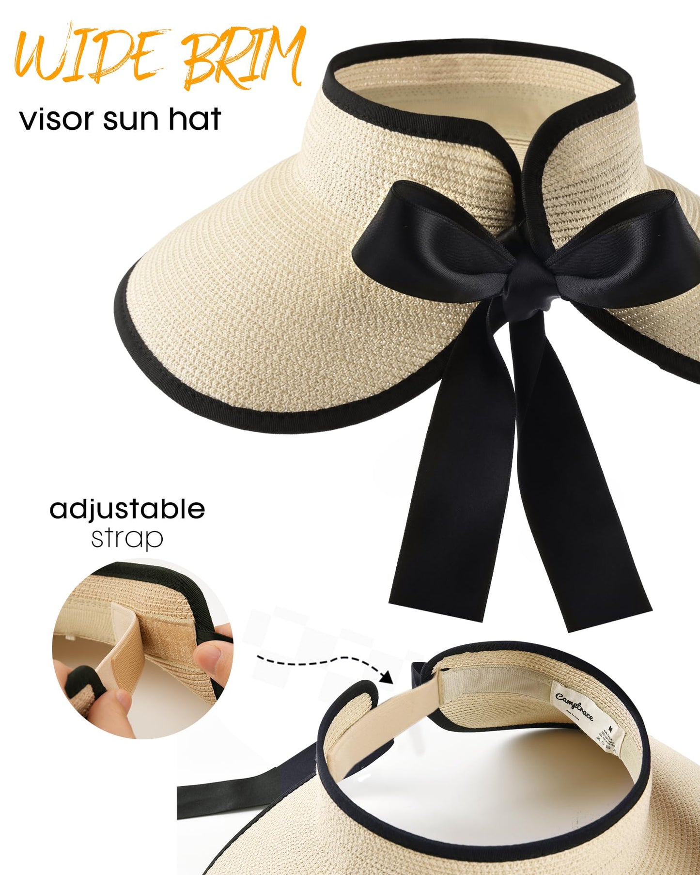 Camptrace UPF 80+ Sun Visors for Women Wide Brim Beach Hat Foldable Straw Visor Hat Ponytail Summer Packable Beige