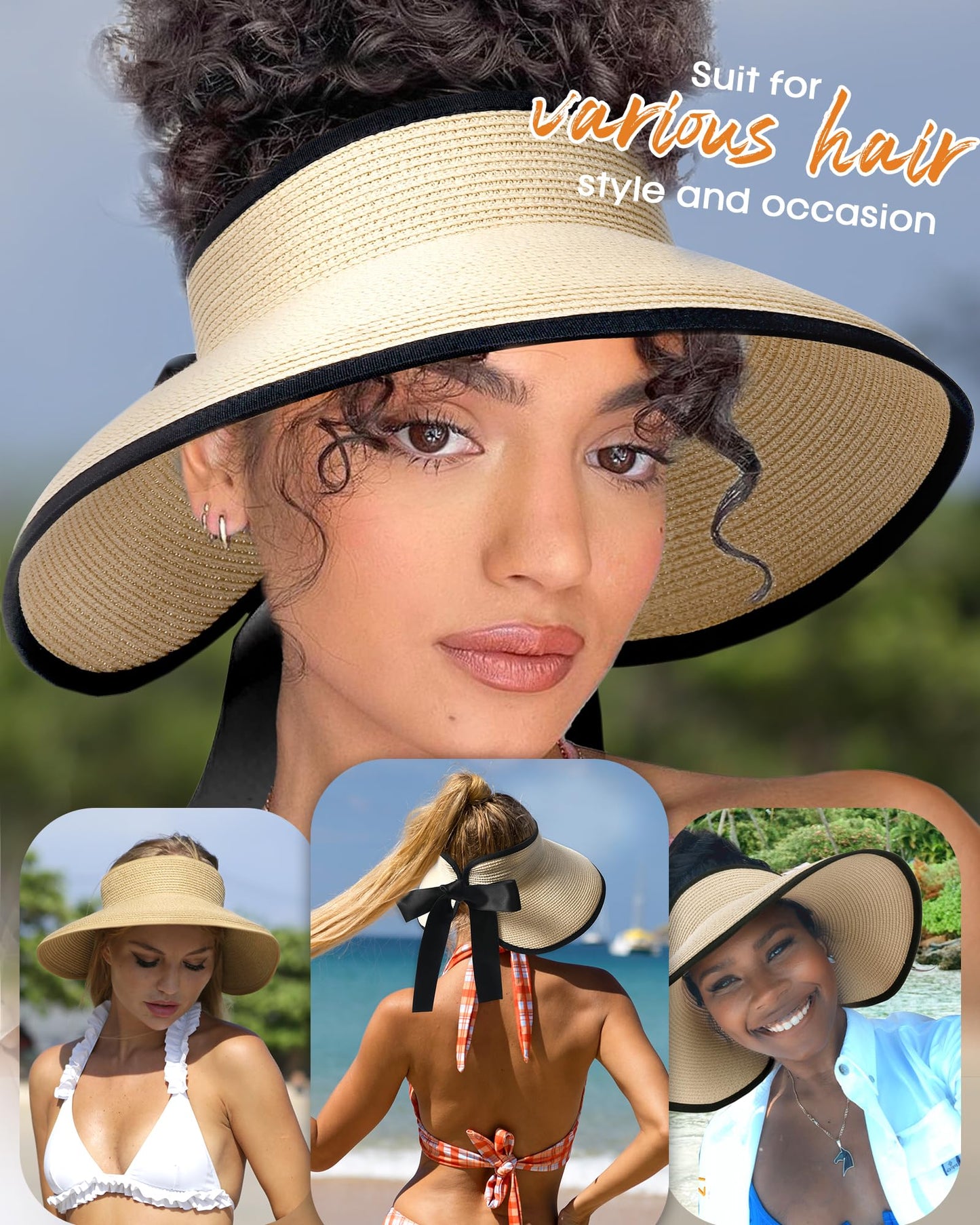 Camptrace UPF 80+ Sun Visors for Women Wide Brim Beach Hat Foldable Straw Visor Hat Ponytail Summer Packable Beige
