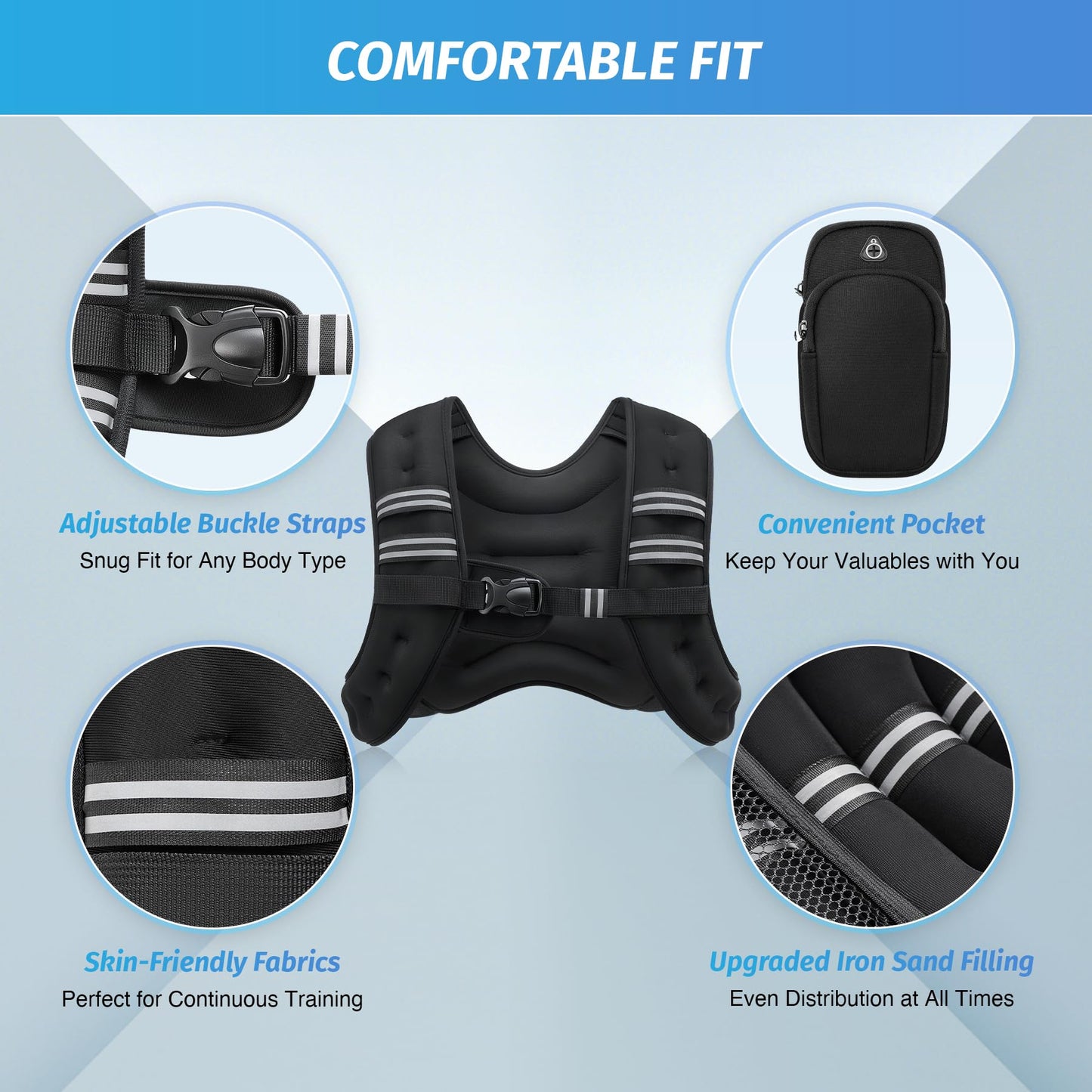 ZELUS Weighted Vest, 6lb/8lb/12lb/16lb/20lb/25lb/30lb Weight Vest with Reflective Stripe for Workout, Strength Training, Running, Fitness, Muscle Building, Weight Loss, Weightlifting, Black(12 lb)