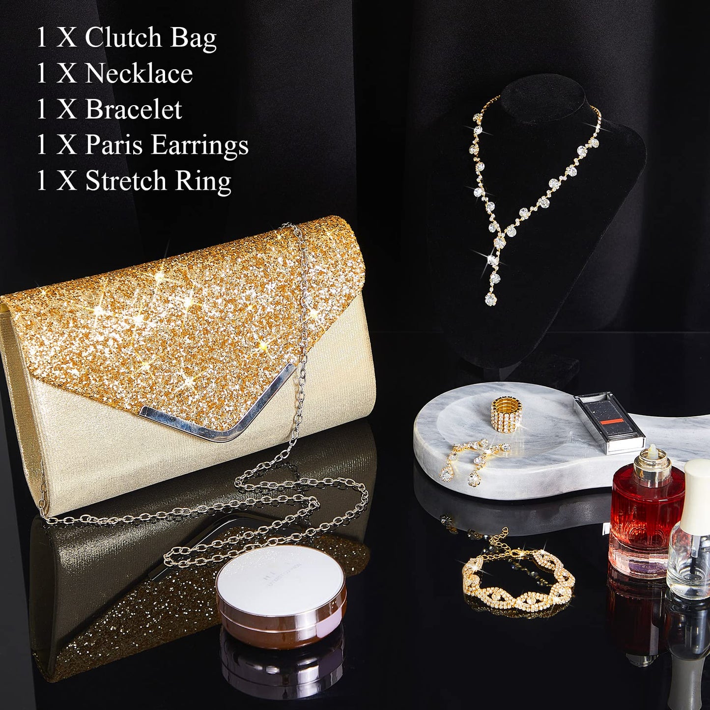 Henoyso 5 Pcs Purse Rhinestone Jewelry Set Prom Jewelry Rhinestone Clutch Purse Necklace Earrings Bracelets for Women Bride(Gold)
