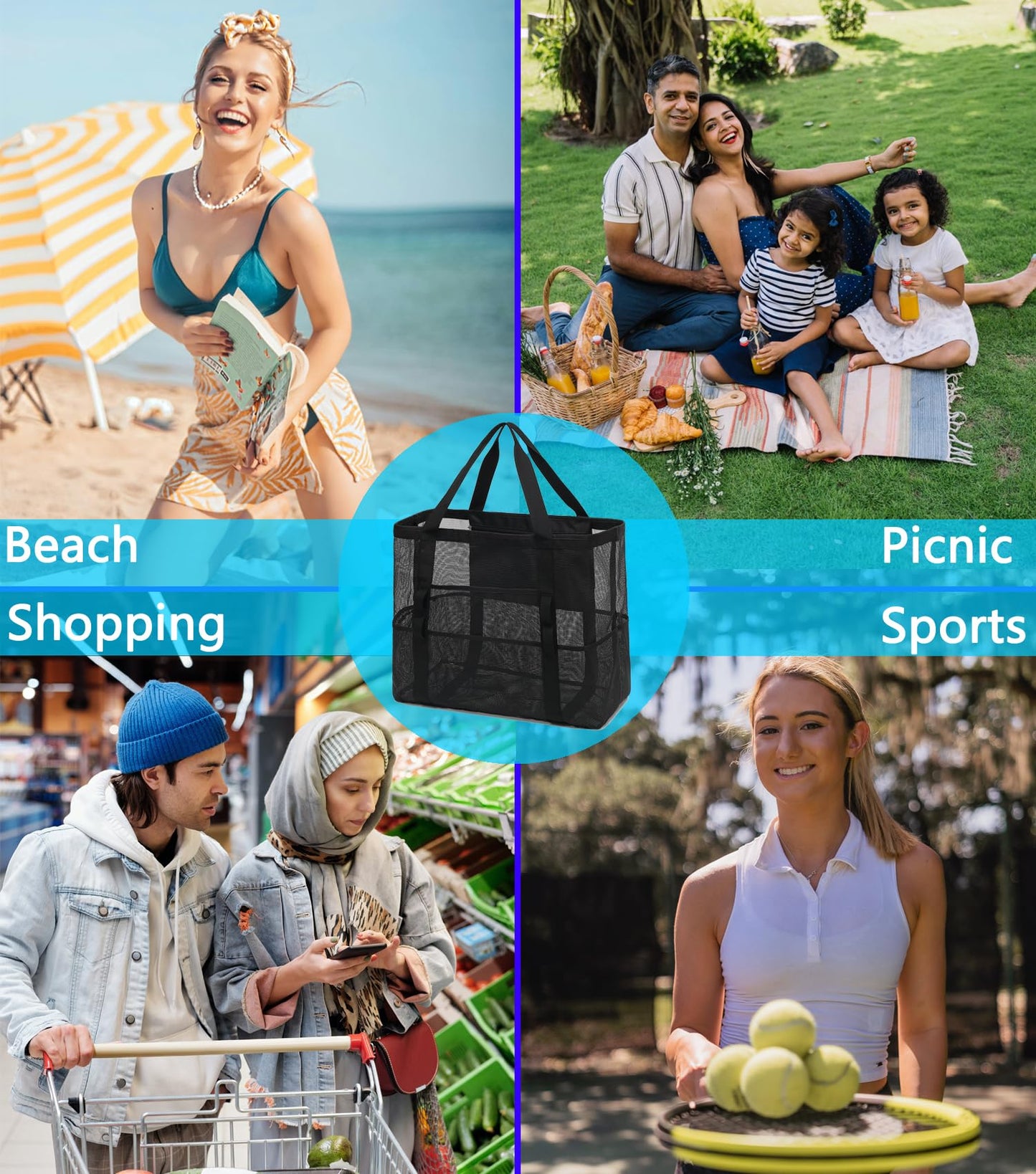 Fammart Mesh Beach Bag, Large Beach Tote with Zipper Pocket for Family Pool Bag for Toys & Vacation Essentials