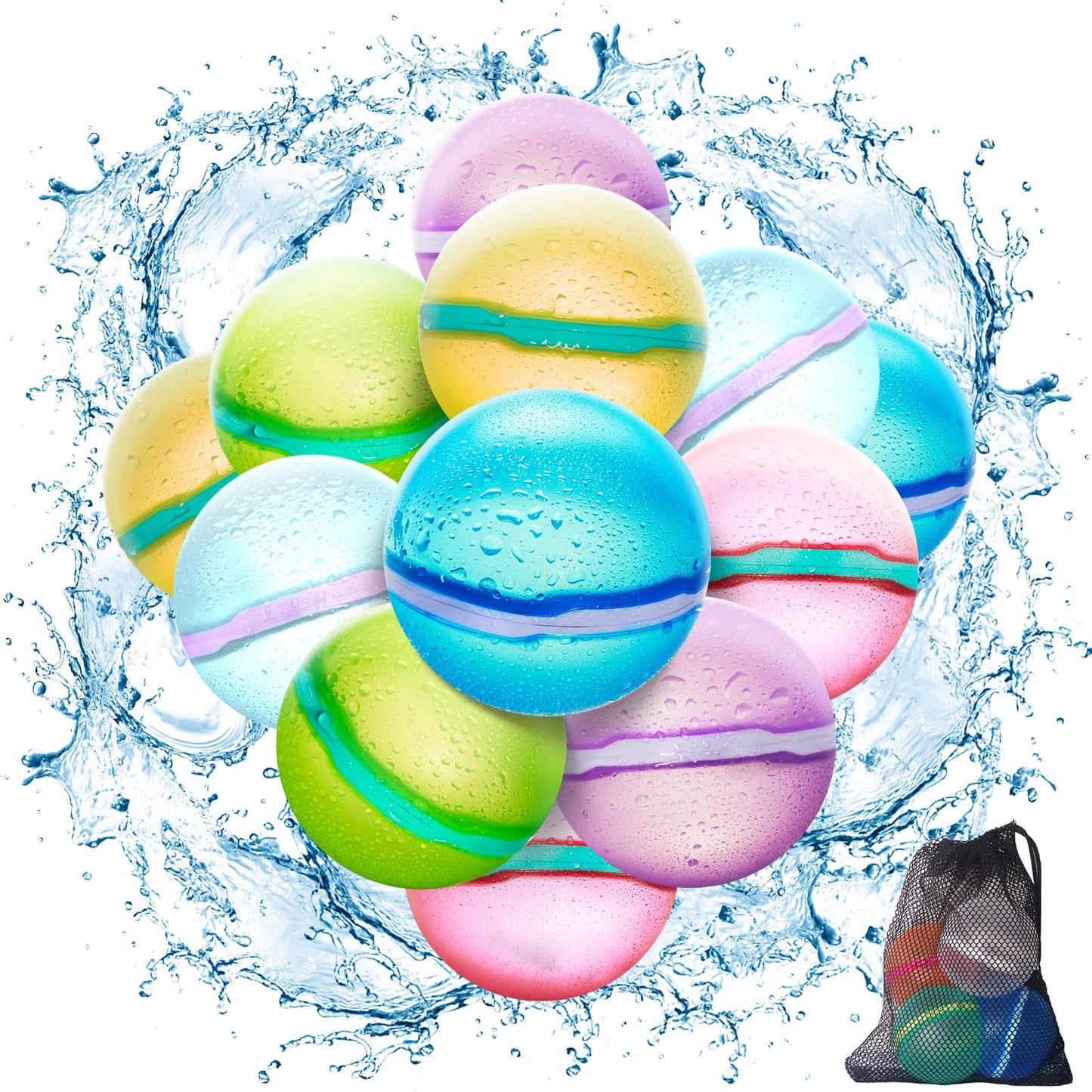 【12 Pack】Magnetic Reusable Water Balloons Fast Refillable for Kids Outdoor Activities, latex-free Kids Pool Beach Bath Toys, Self-Sealing Water Bomb Quick Fill for Summer Games
