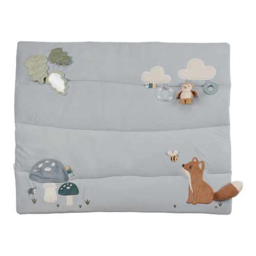 Baby organizer with fox and nature-themed decorations on a light blue background