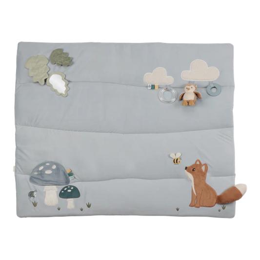 Baby organizer with fox and nature-themed decorations on a light blue background