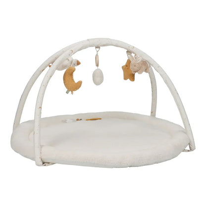 Baby play gym with hanging toys on a white background