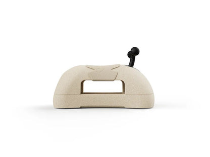 Beige fabric-covered object with a black handle on a white background