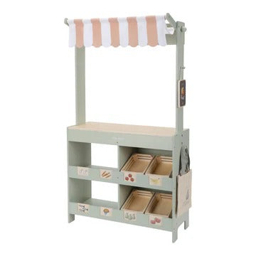 Children's play kitchen with shelves and toy bins on a white background
