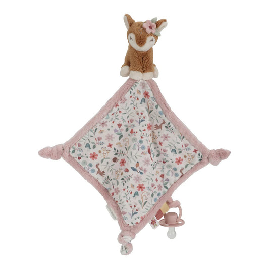 Floral-patterned baby comfort blanket with a plush deer head on a white background