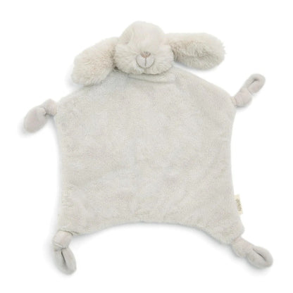 Fluffy white sheep-shaped comfort blanket on a white background