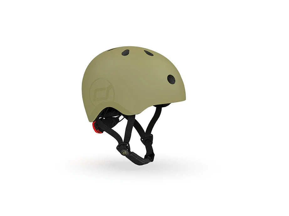 Khaki helmet with black straps on a white background
