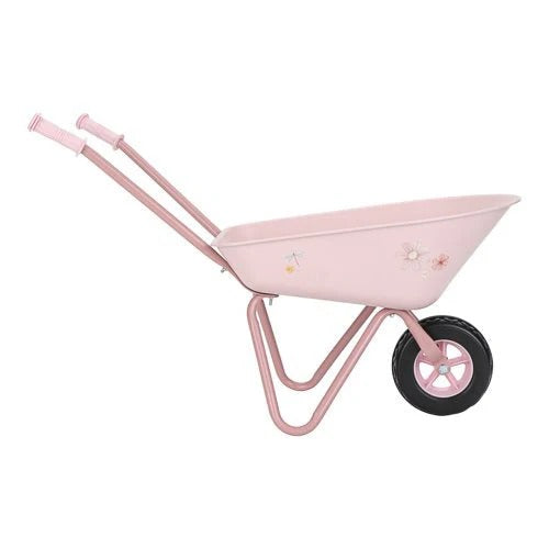 Pink children's wheelbarrow on a white background