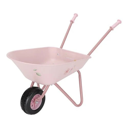 Pink children's wheelbarrow with black wheels on a white background
