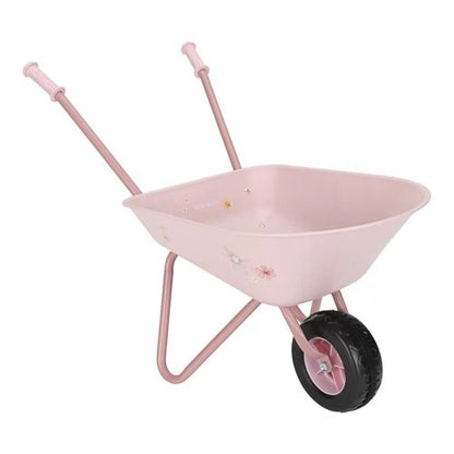 Pink children's wheelbarrow with floral design on a white background.