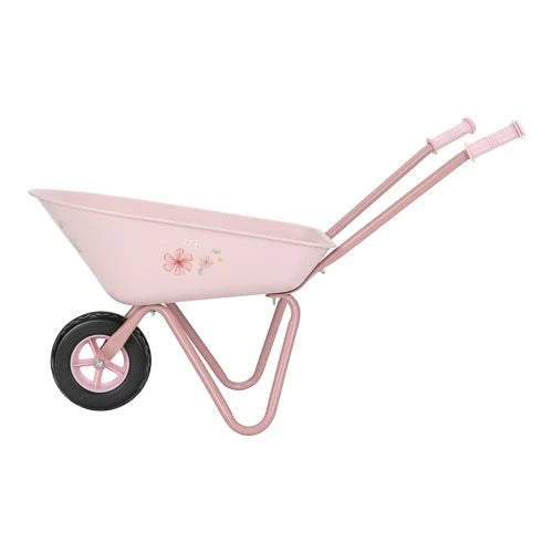 Pink children's wheelbarrow with floral design on a white background