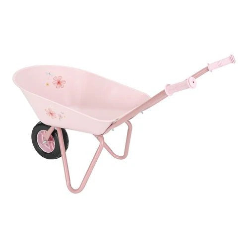Pink children's wheelbarrow with floral designs on a white background