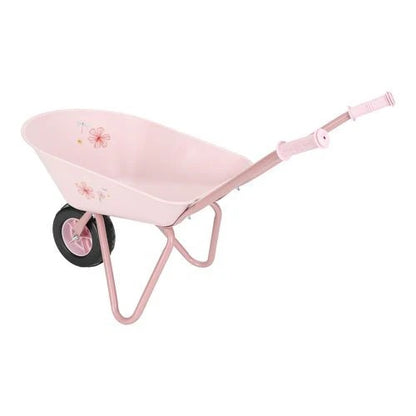 Pink children's wheelbarrow with floral designs on a white background