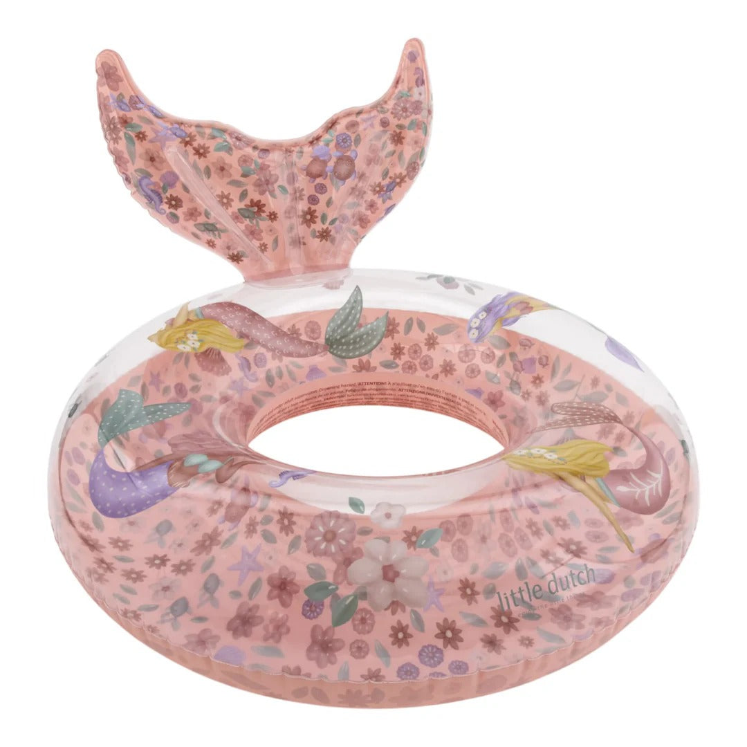 Pink floral-patterned inflatable ring with mermaid design on a white background