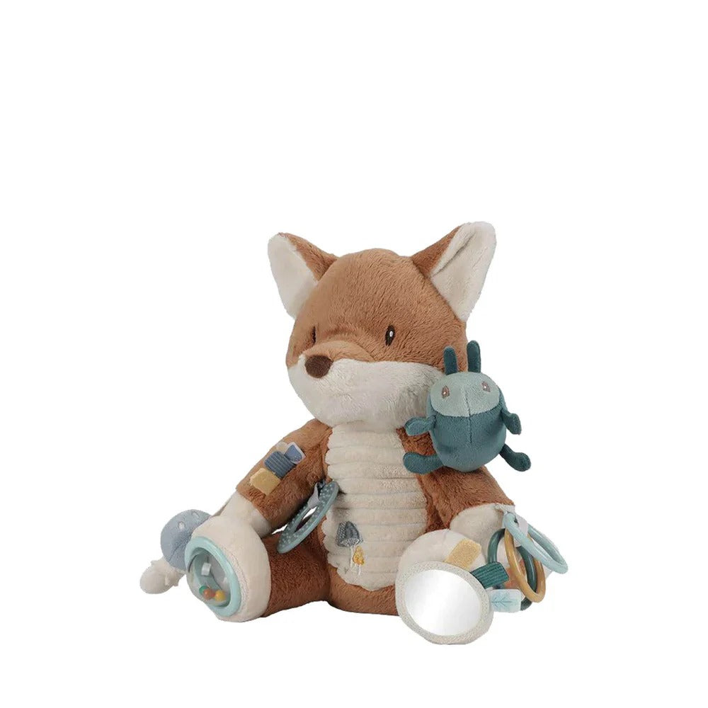 Plush fox toy with a blue dragon on a white background