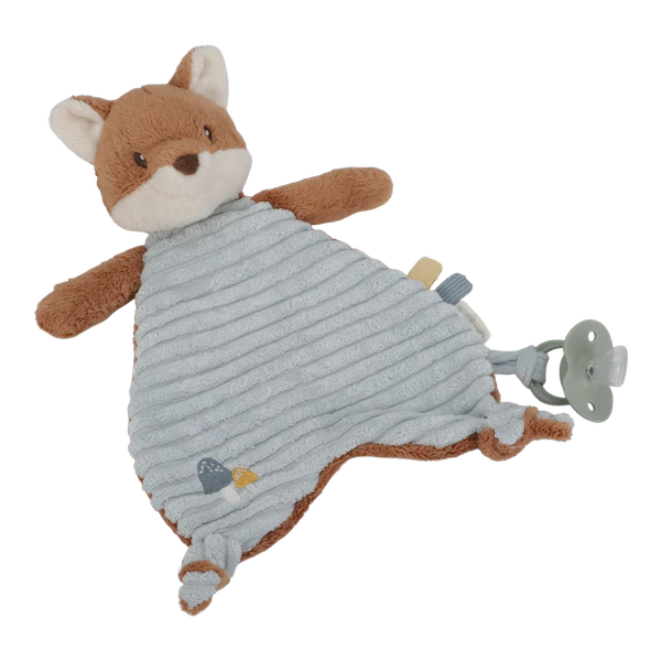 Plush fox toy with a gray blanket and pacifier clip on a white background