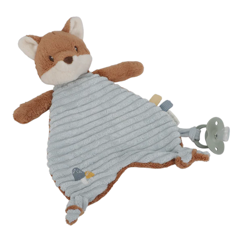Plush fox toy with a gray blanket and pacifier clip on a white background