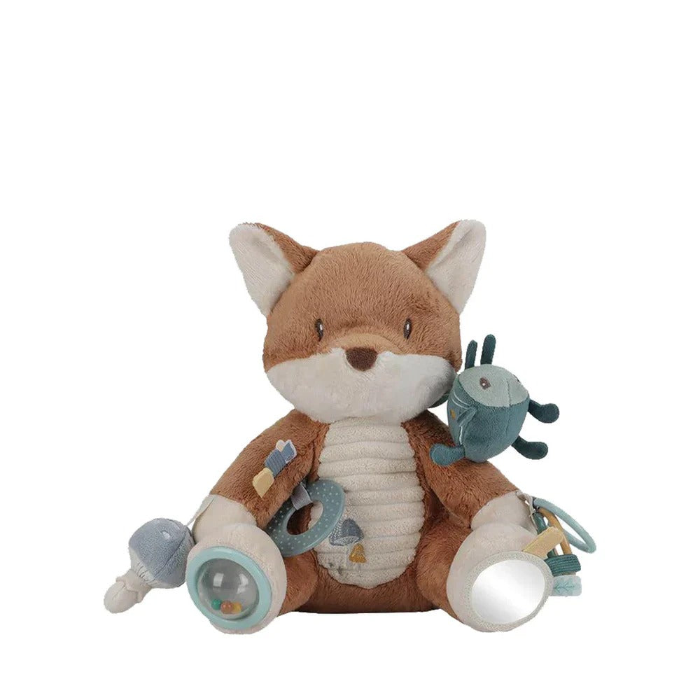Plush toy fox with interactive elements on a white background