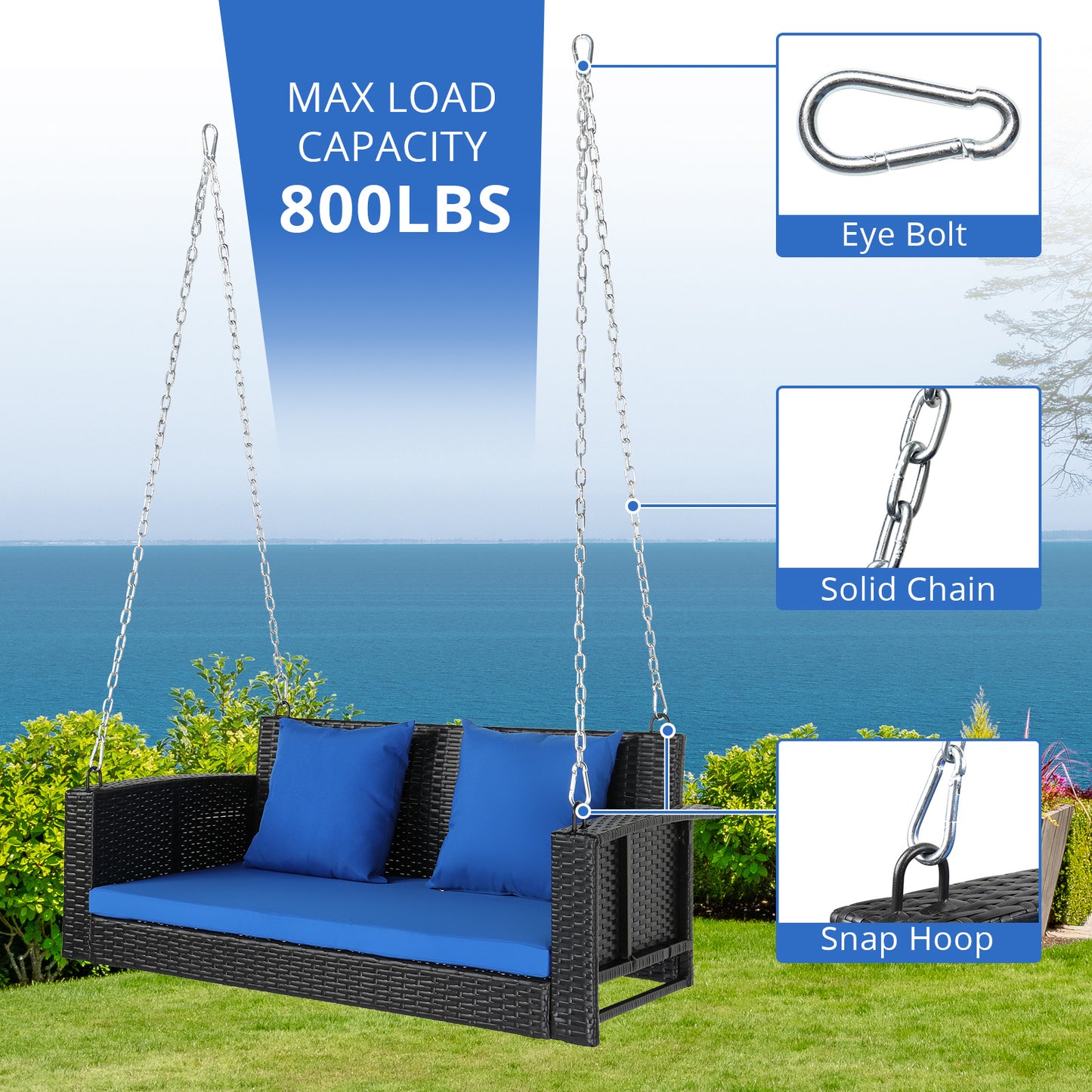 4ft Black Rattan Blue Cushion 4.5mm Iron Chain Woven Rattan Swing, Excluding Swing Frame